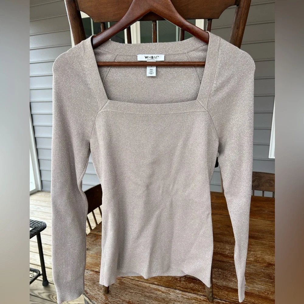 White House Black Market (WHBM) tan with gold shimmer sweater Square Neck Small